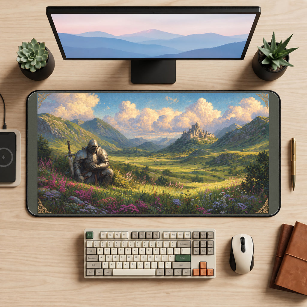 Resting Knight Highland Meadow desk mat — product mockup 2