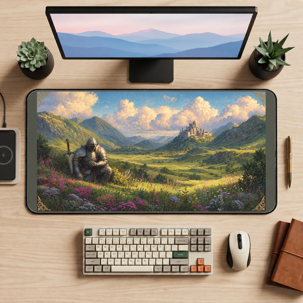 Resting Knight Highland Meadow desk mat — product mockup 2