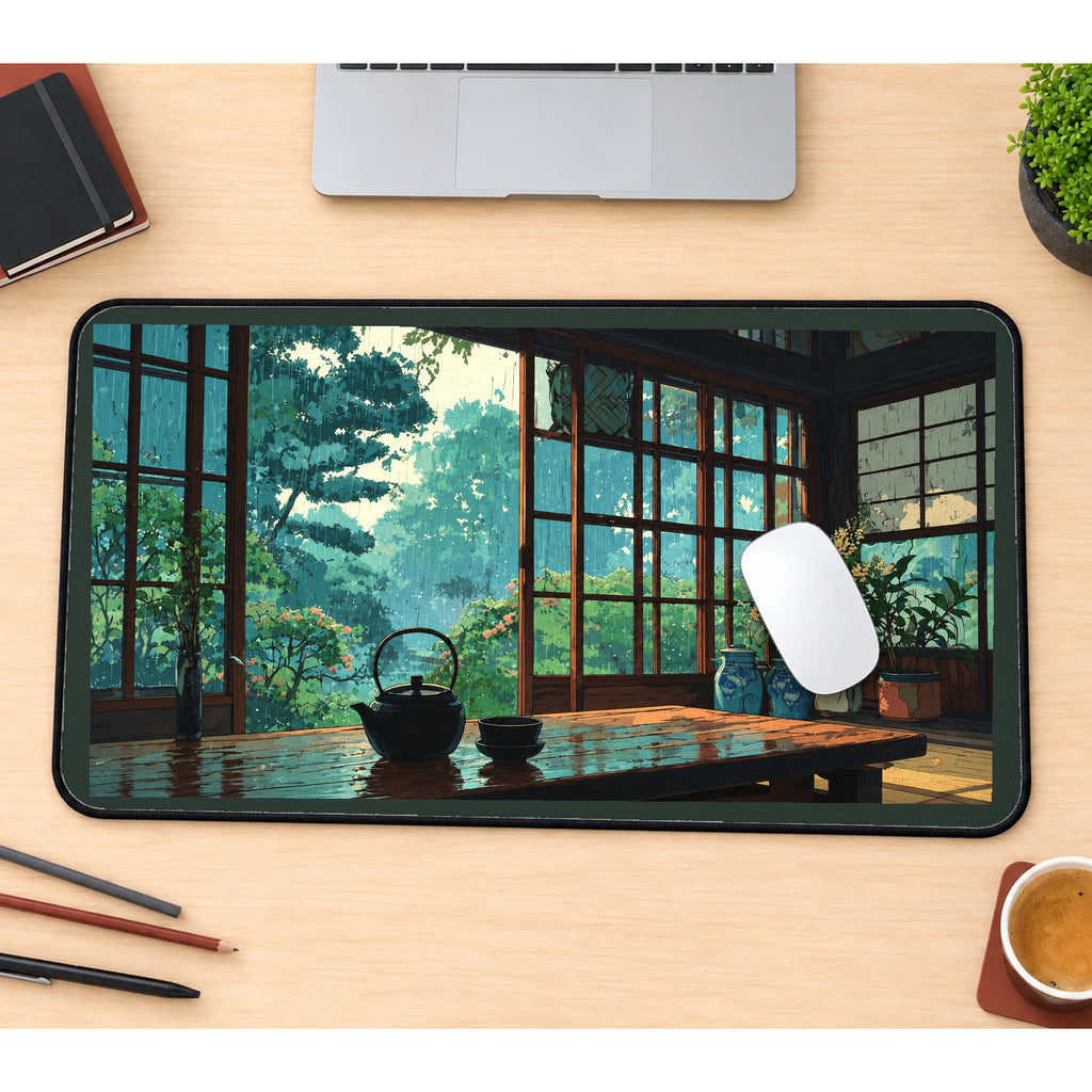 Rainy Garden Tea Room desk mat — product mockup 1