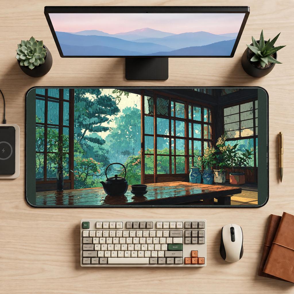 Rainy Garden Tea Room desk mat — product mockup 2