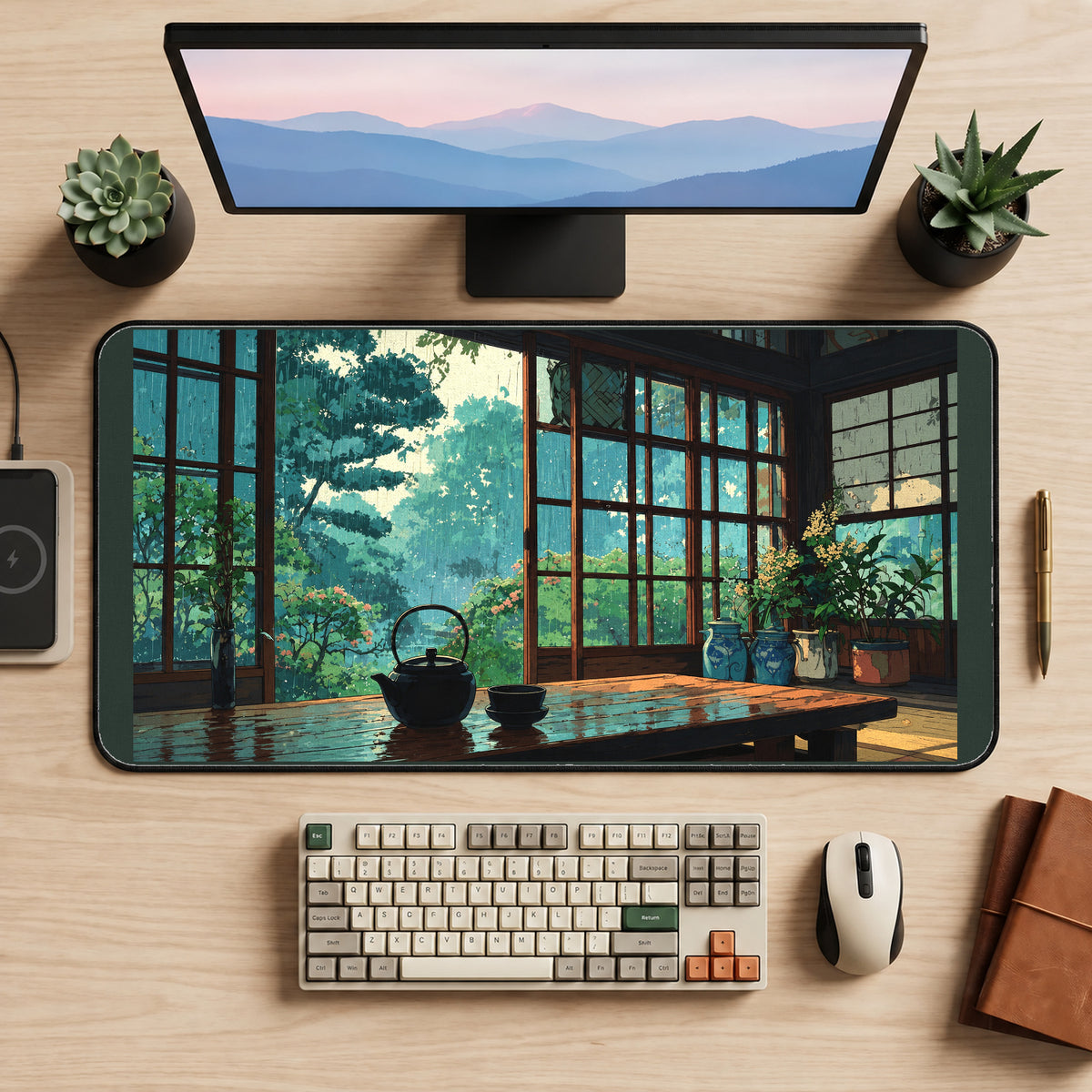 Rainy Garden Tea Room desk mat — product mockup 2