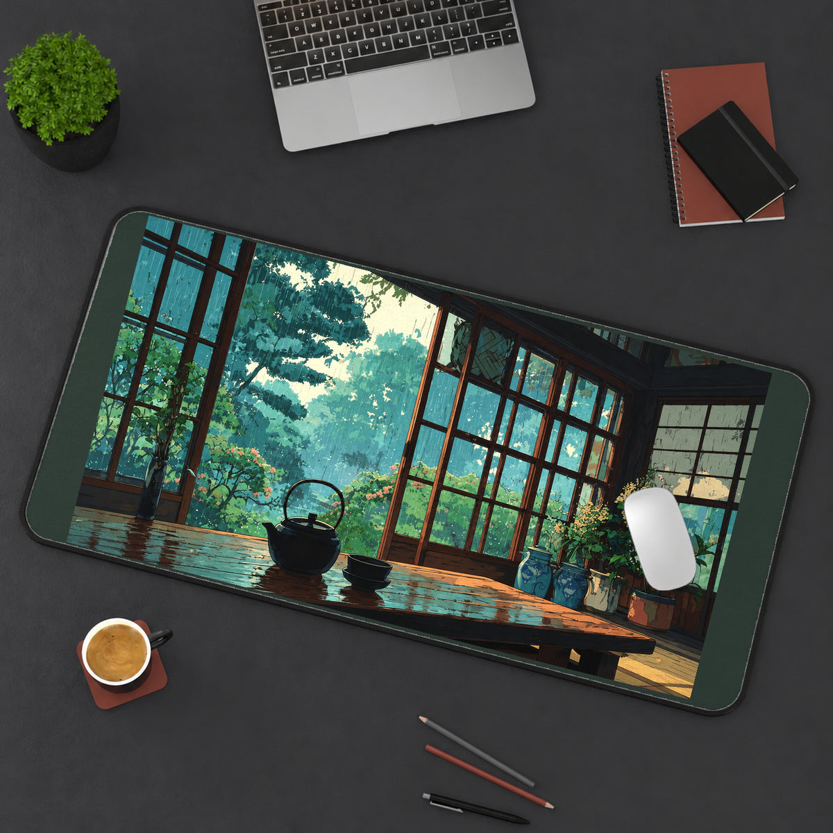 Rainy Garden Tea Room desk mat — product mockup 3