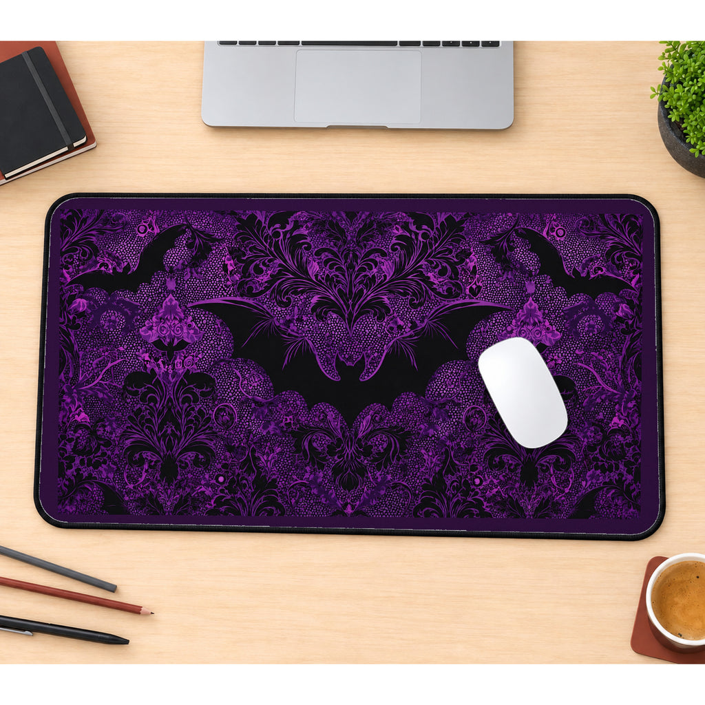 Purple Bat Damask desk mat — product mockup 1