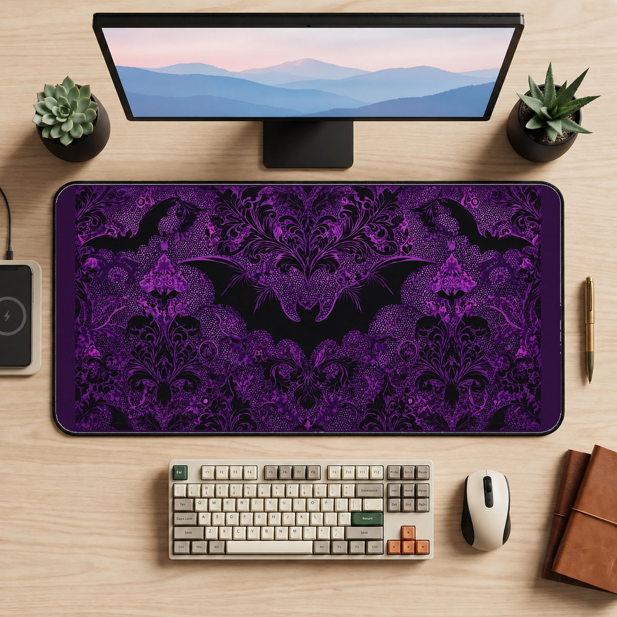 Purple Bat Damask desk mat — product mockup 2