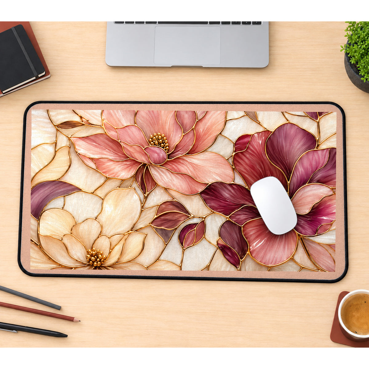 Blush and Burgundy Glass Flowers desk mat — product mockup 1