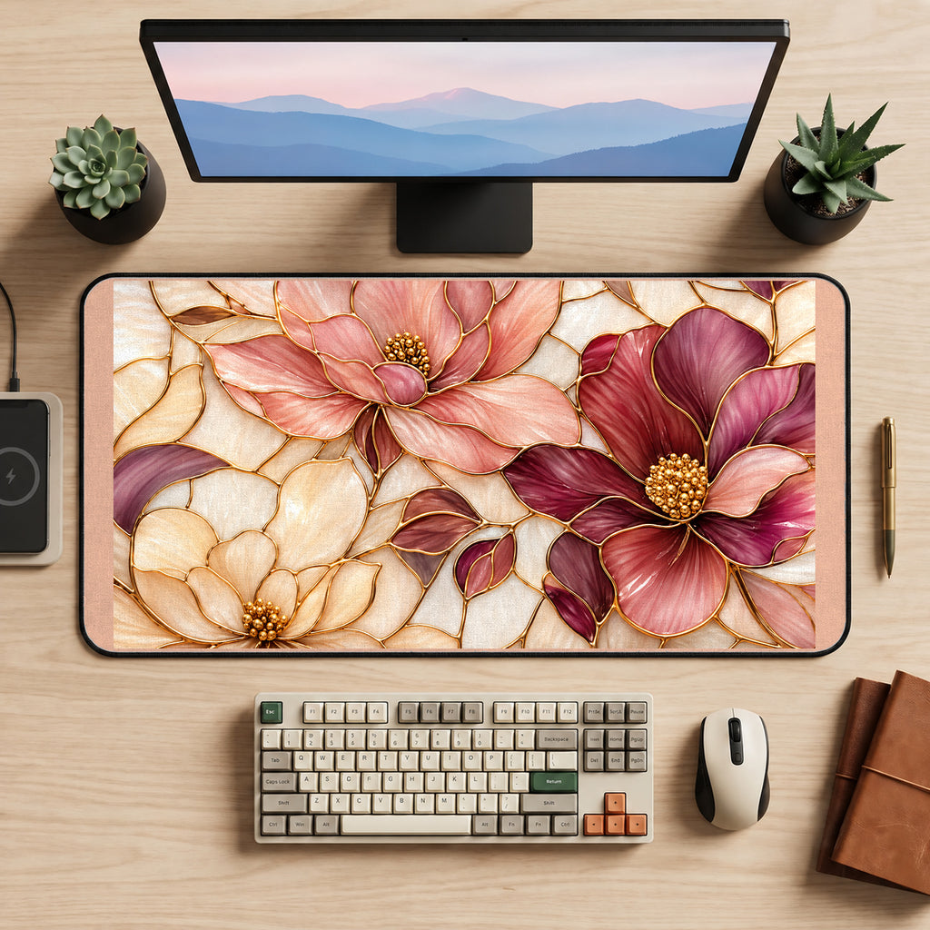 Blush and Burgundy Glass Flowers desk mat — product mockup 2