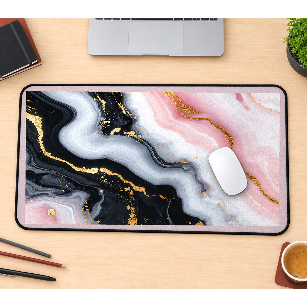 Pink Black and White Marble Swirls desk mat — product mockup 1