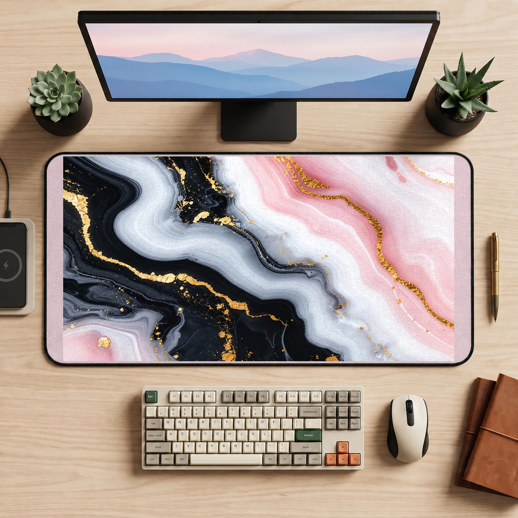 Pink Black and White Marble Swirls desk mat — product mockup 2