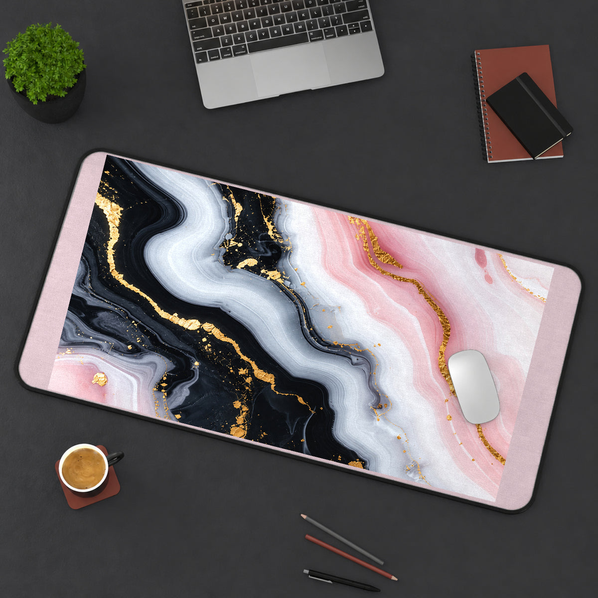 Pink Black and White Marble Swirls desk mat — product mockup 3