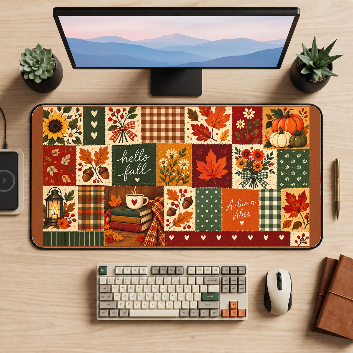 Hello Fall Autumn Patchwork desk mat — product mockup 2