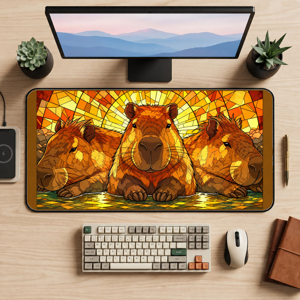 Sunburst Capybara Trio desk mat — product mockup 2