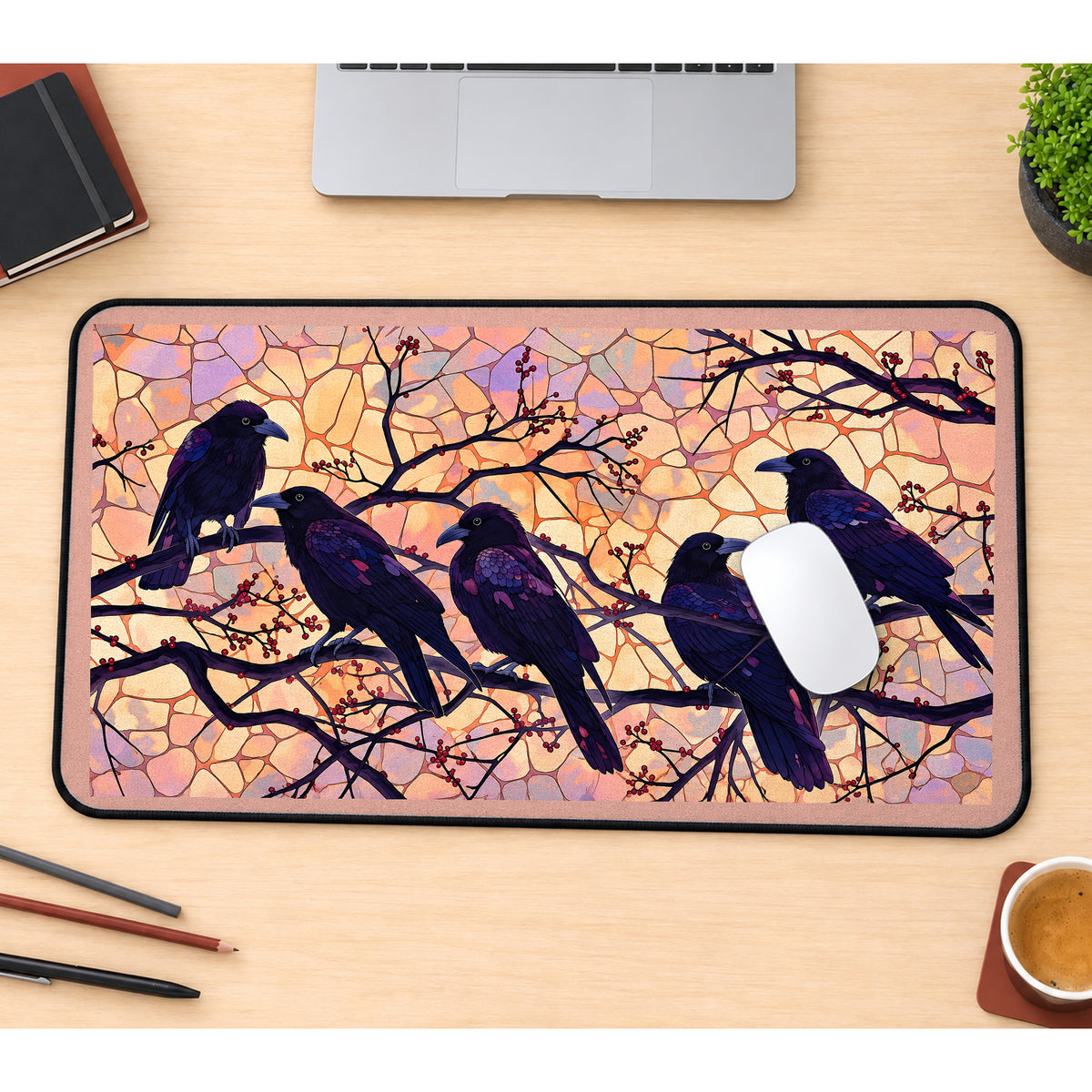 Ravens on Blossom Branches desk mat — product mockup 1