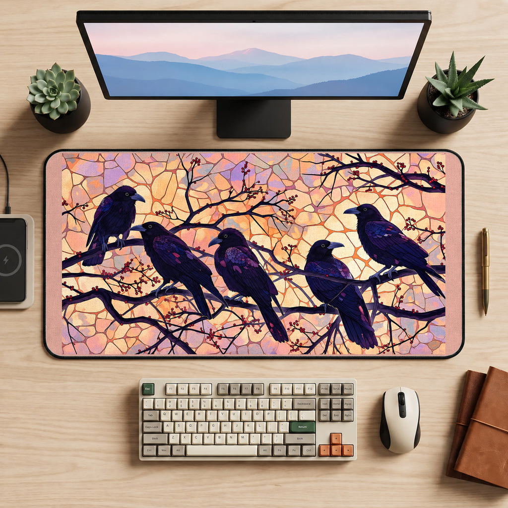 Ravens on Blossom Branches desk mat — product mockup 2
