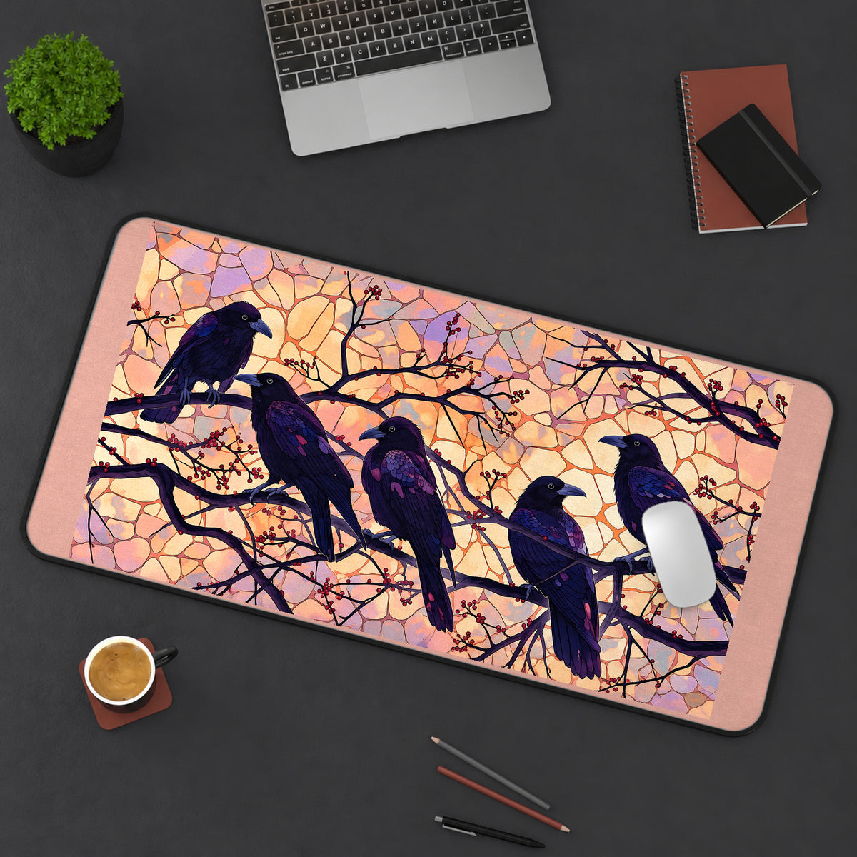 Ravens on Blossom Branches desk mat — product mockup 3