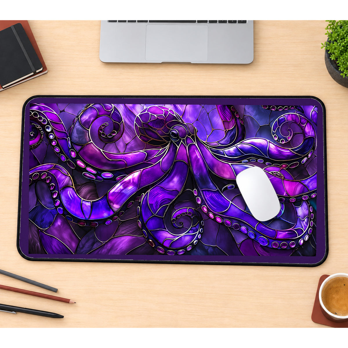 Purple Octopus Glass Art desk mat — product mockup 1