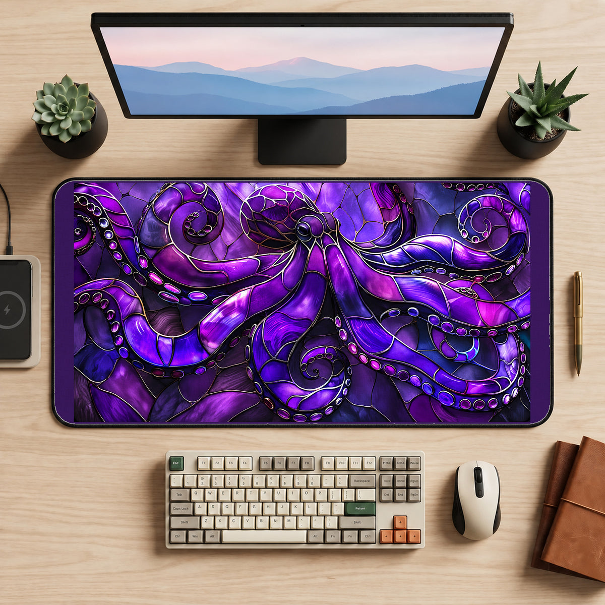 Purple Octopus Glass Art desk mat — product mockup 2