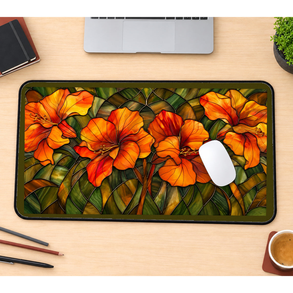 Orange Hibiscus Glass Flowers desk mat — product mockup 1