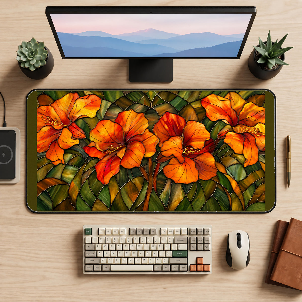 Orange Hibiscus Glass Flowers desk mat — product mockup 2