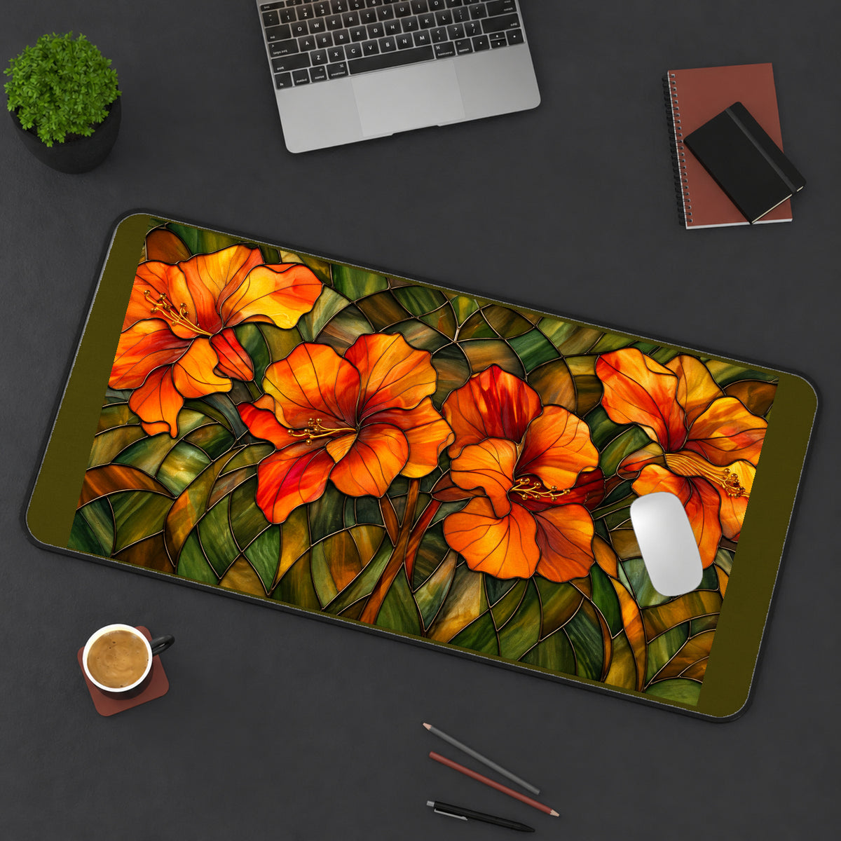 Orange Hibiscus Glass Flowers desk mat — product mockup 3