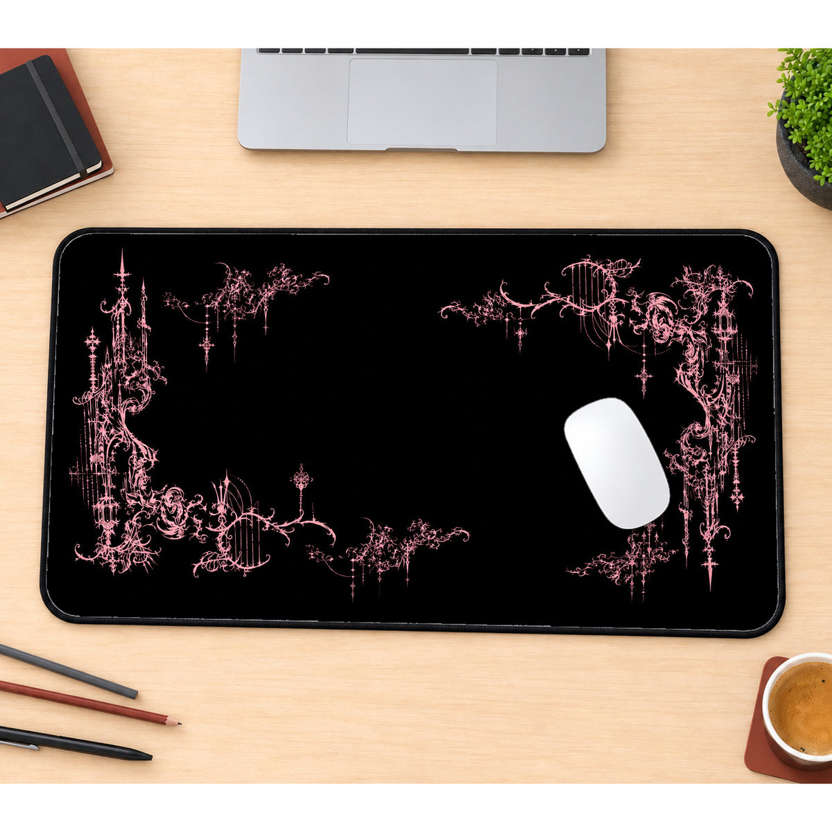 Pink Gothic Vigil Border desk mat — product mockup 1