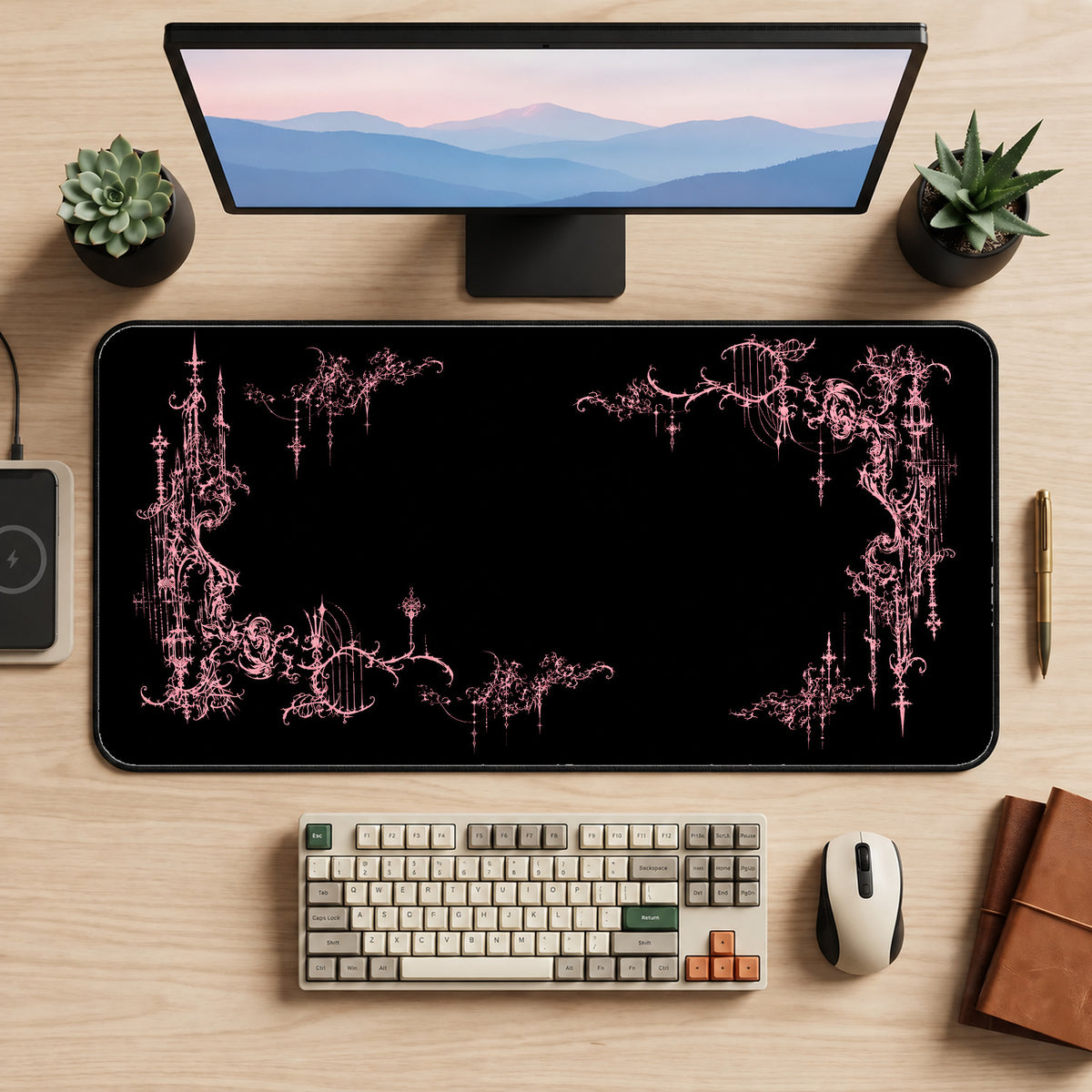 Pink Gothic Vigil Border desk mat — product mockup 2