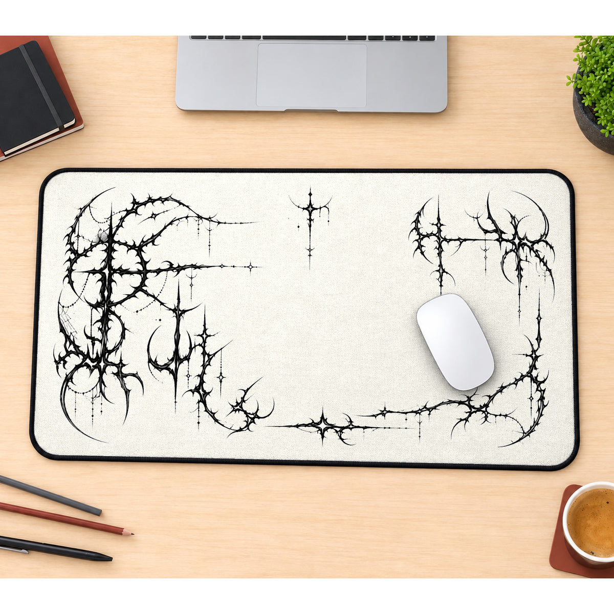 Black Thornscript Border desk mat — product mockup 1