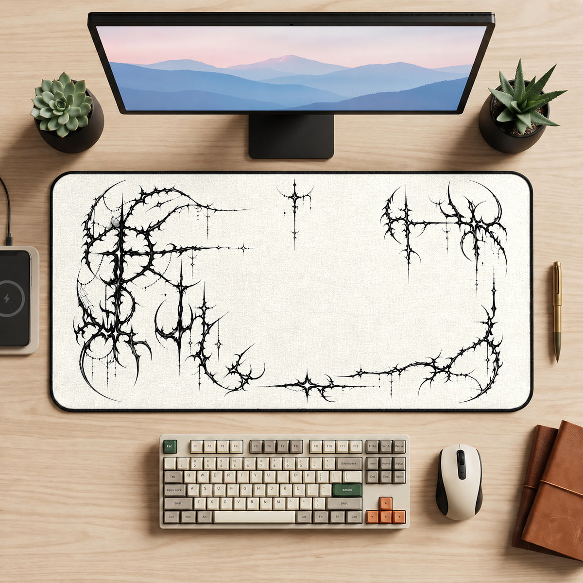Black Thornscript Border desk mat — product mockup 2
