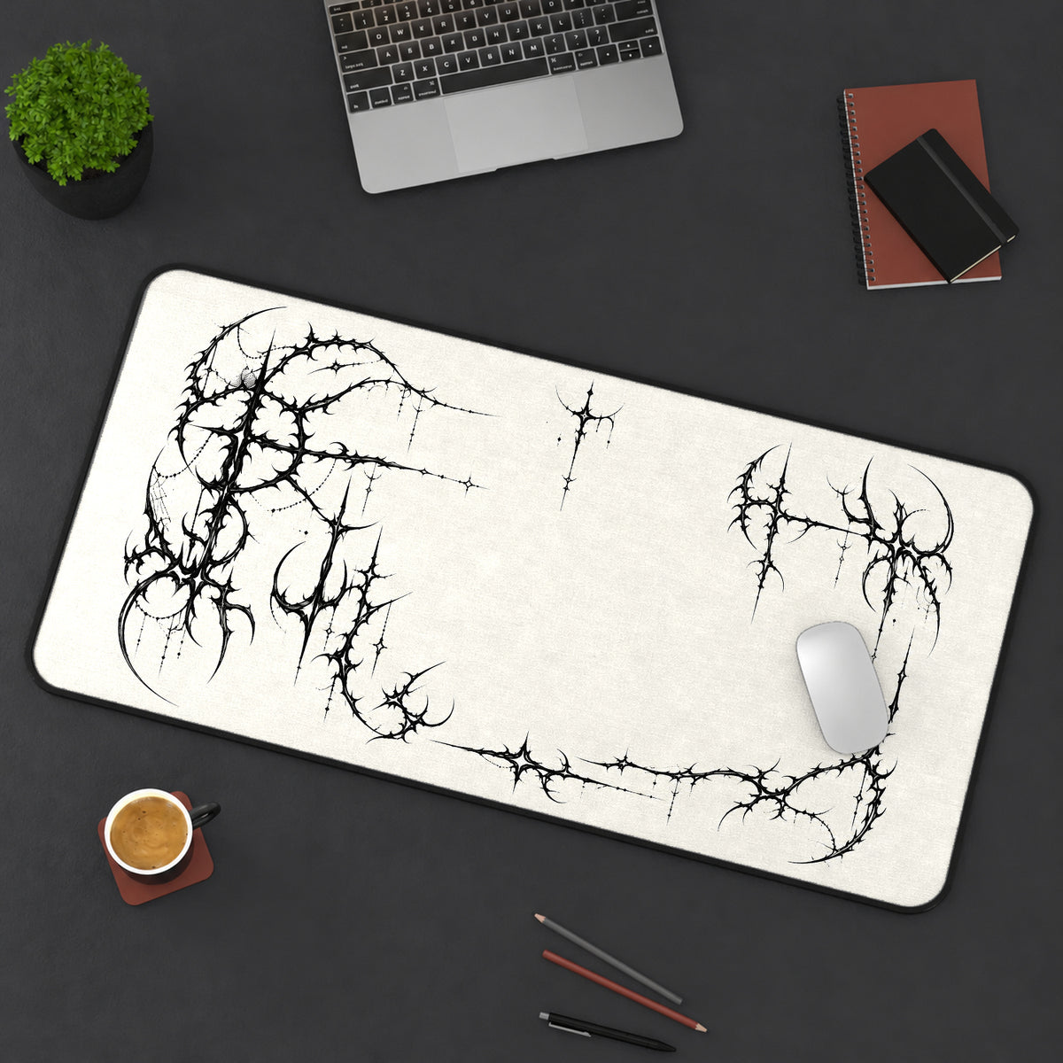 Black Thornscript Border desk mat — product mockup 3