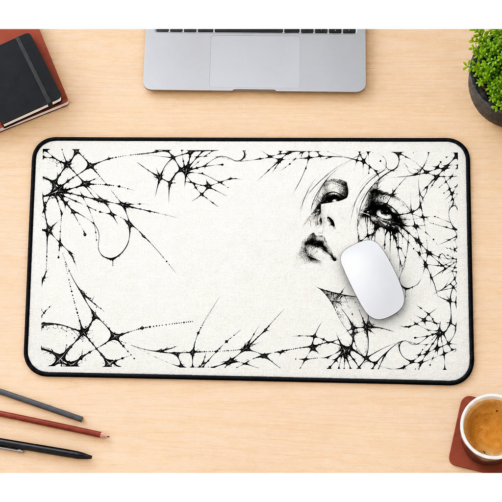 Veiled Woman Thorn Portrait desk mat — product mockup 1