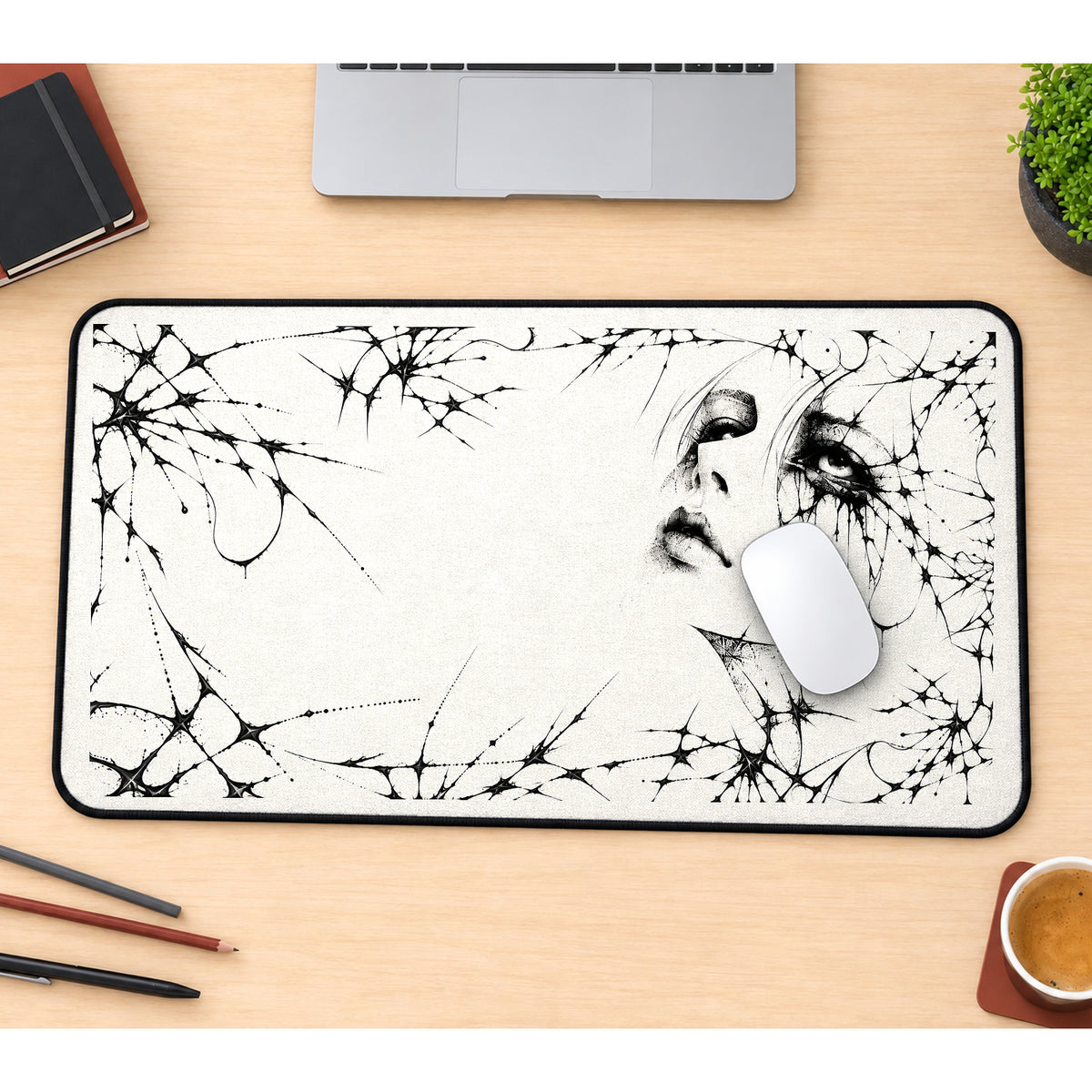 Veiled Woman Thorn Portrait desk mat — product mockup 1