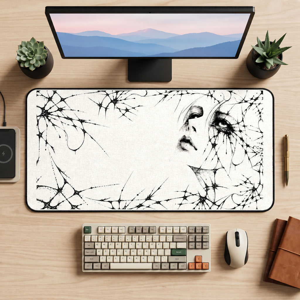 Veiled Woman Thorn Portrait desk mat — product mockup 2