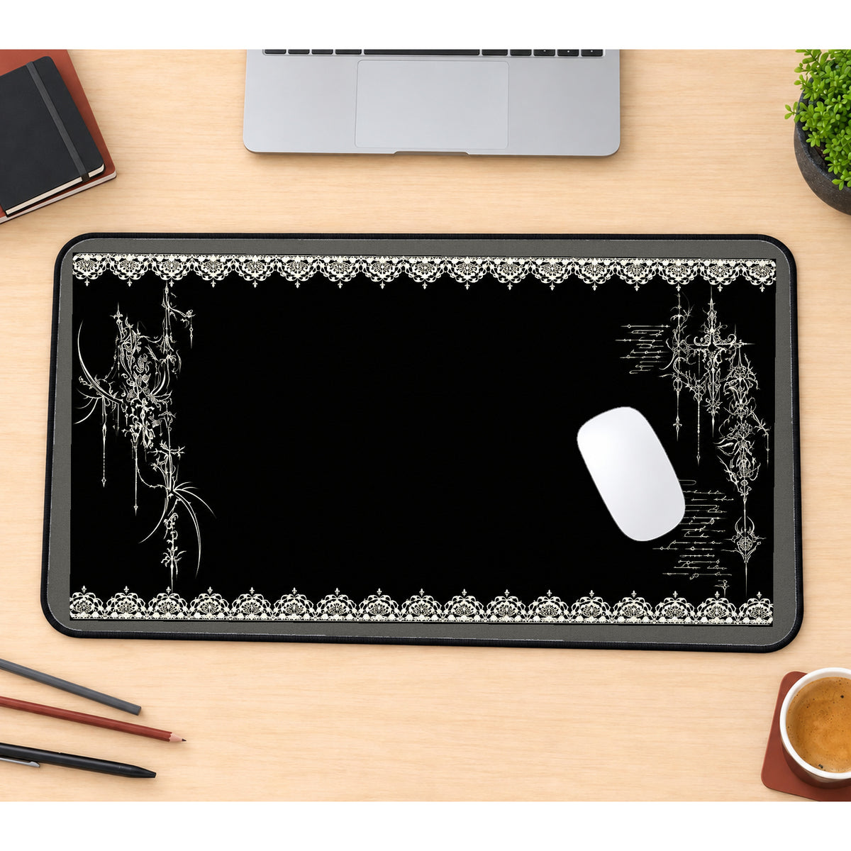 Victorian Lace and Chandelier Border desk mat — product mockup 1