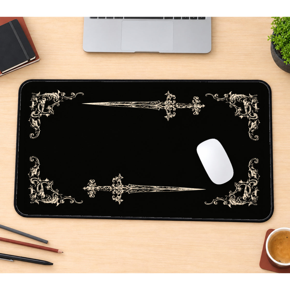 Twin Ornate Daggers desk mat — product mockup 1