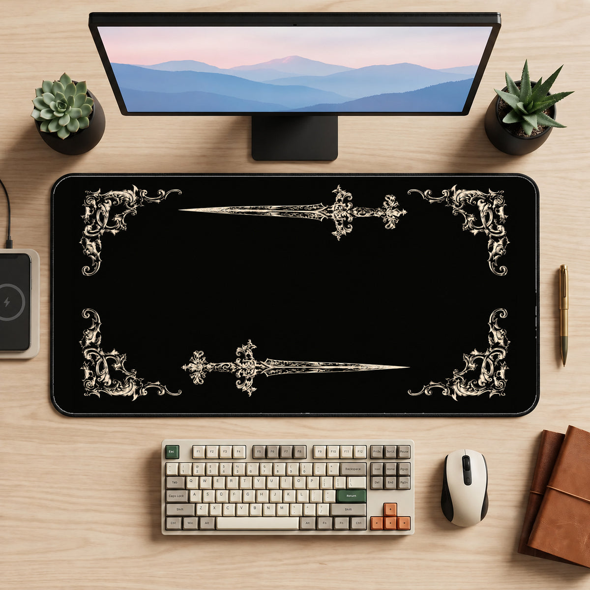 Twin Ornate Daggers desk mat — product mockup 2