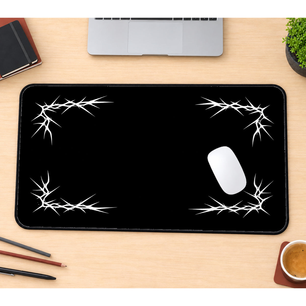 White Thorn Corner Frame desk mat — product mockup 1