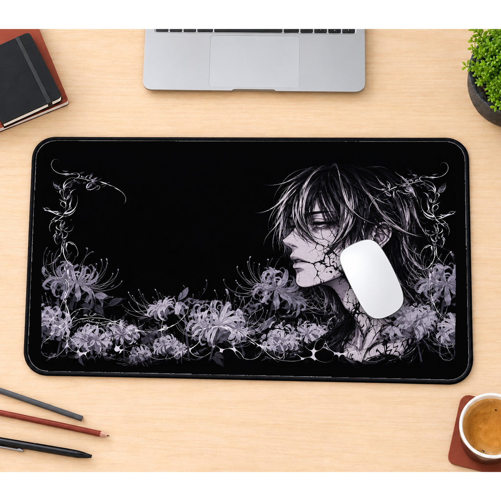 Dark Anime Portrait and Flowers desk mat — product mockup 1