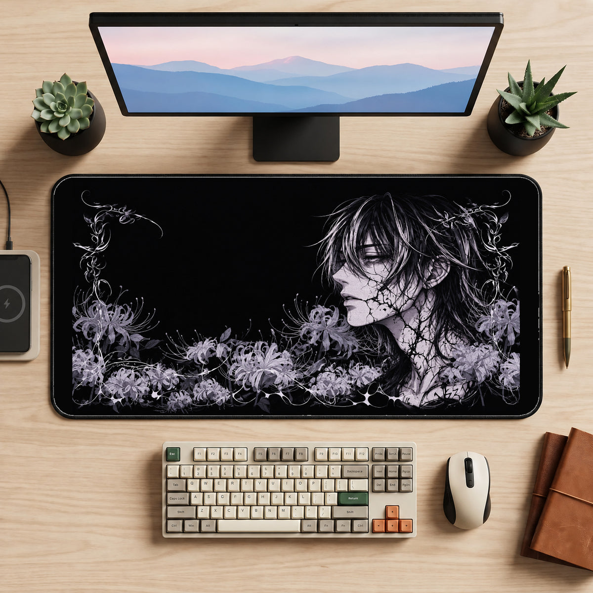 Dark Anime Portrait and Flowers desk mat — product mockup 2