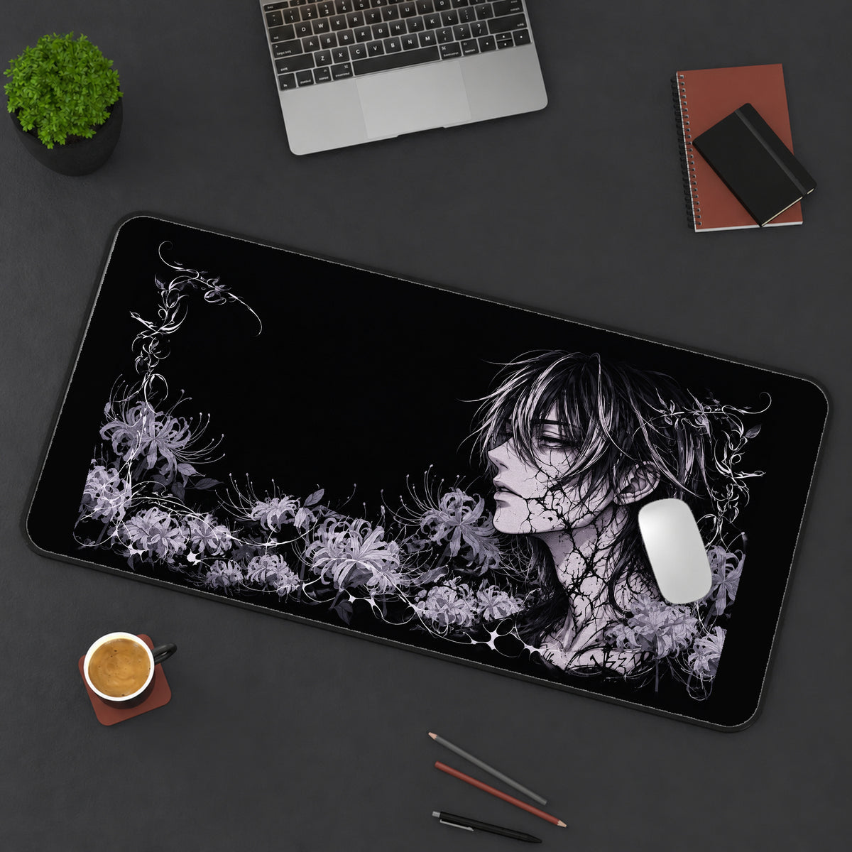 Dark Anime Portrait and Flowers desk mat — product mockup 3