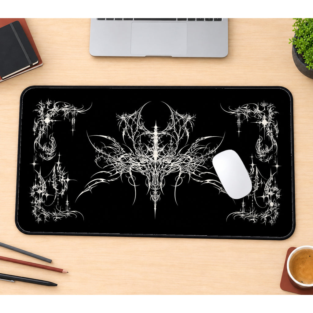 Ornate White Gothic Flourish desk mat — product mockup 1