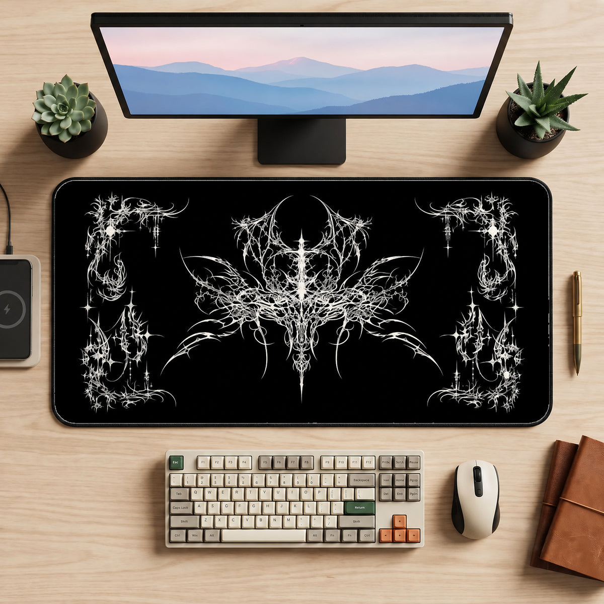 Ornate White Gothic Flourish desk mat — product mockup 2