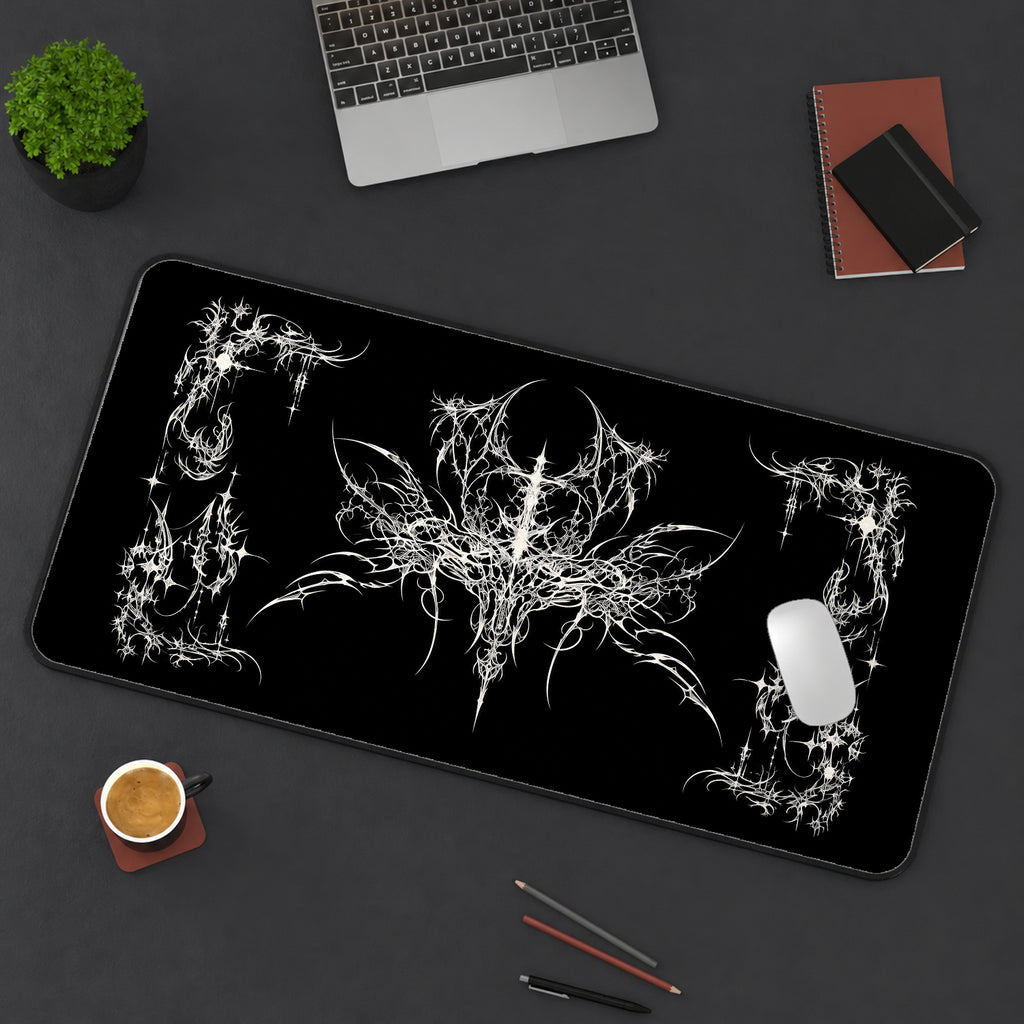 Ornate White Gothic Flourish desk mat — product mockup 3