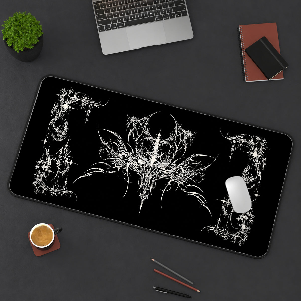 Ornate White Gothic Flourish desk mat — product mockup 3