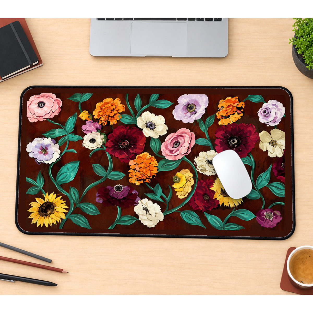 Rust Garden Flower Pattern desk mat — product mockup 1