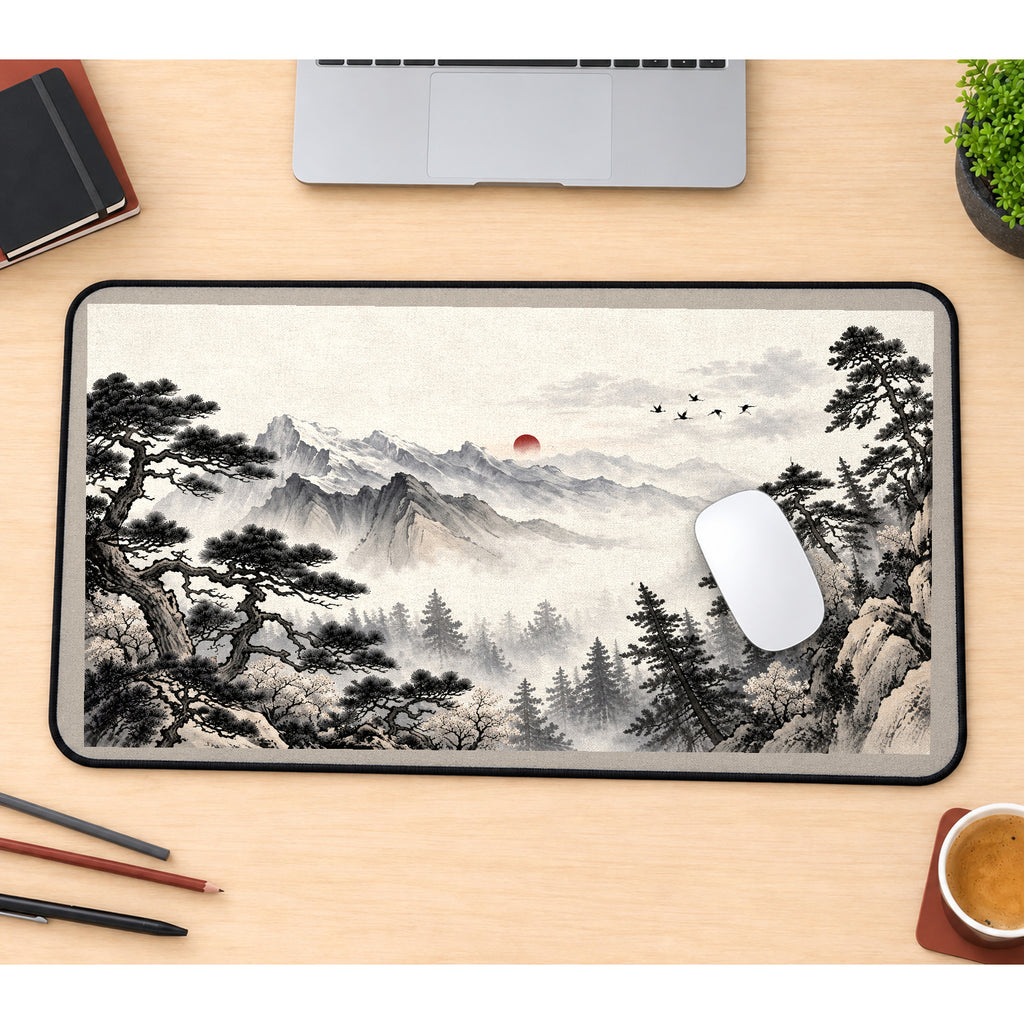 Misty Japanese Mountain Pines desk mat — product mockup 1