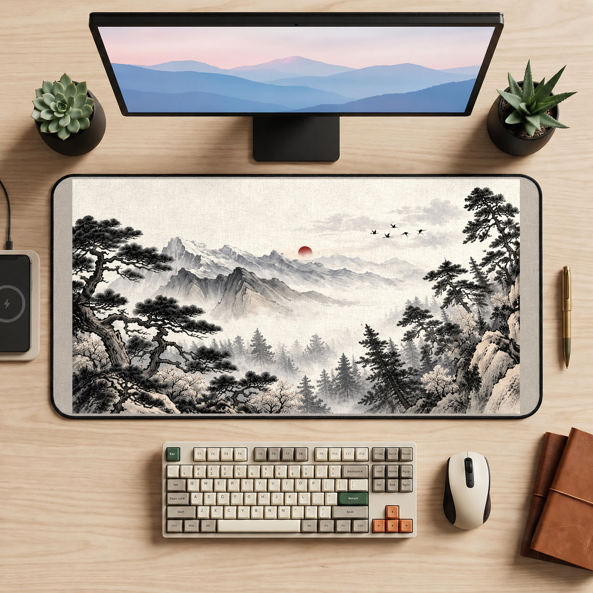 Misty Japanese Mountain Pines desk mat — product mockup 2