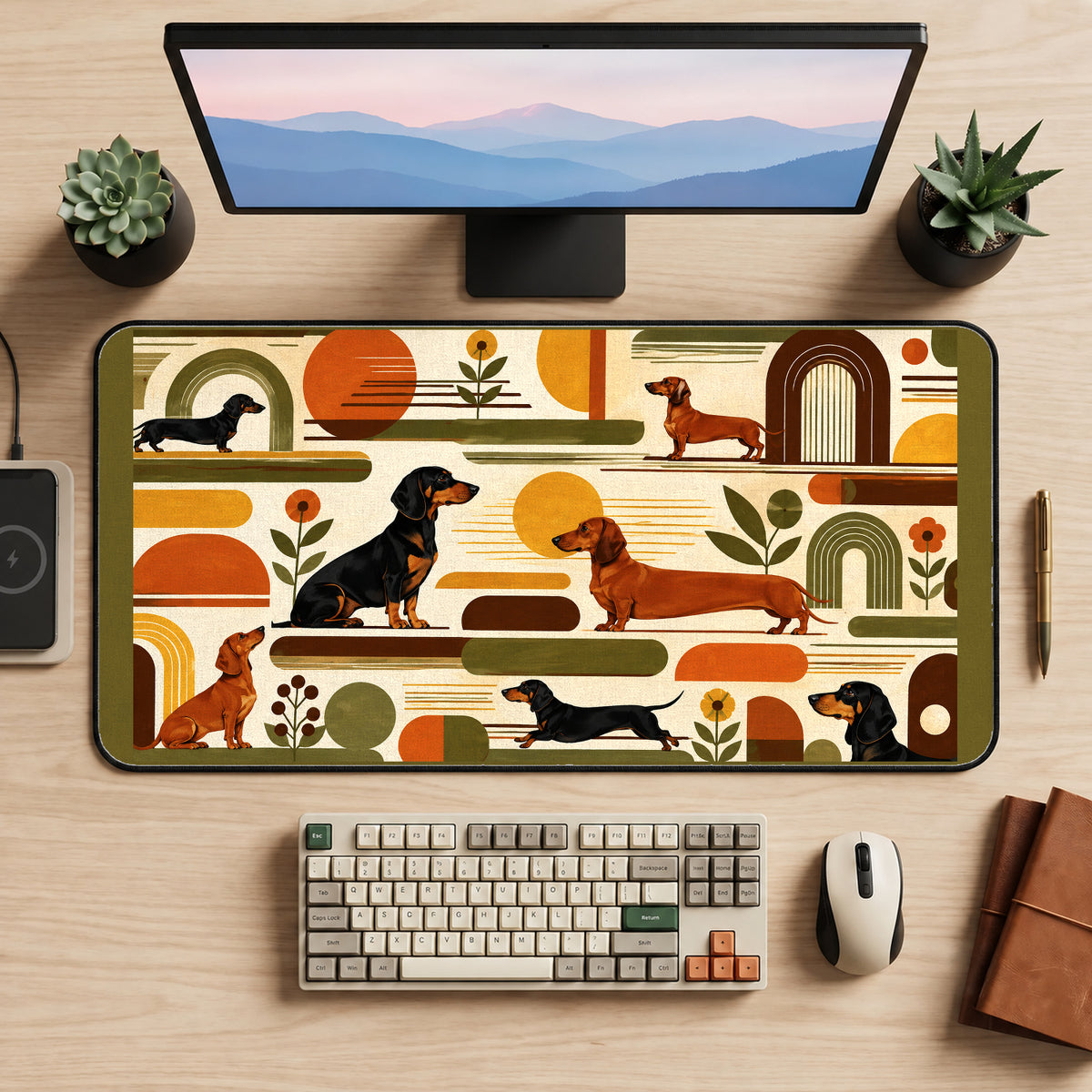 Retro Dachshund Color Blocks desk mat — product mockup 2