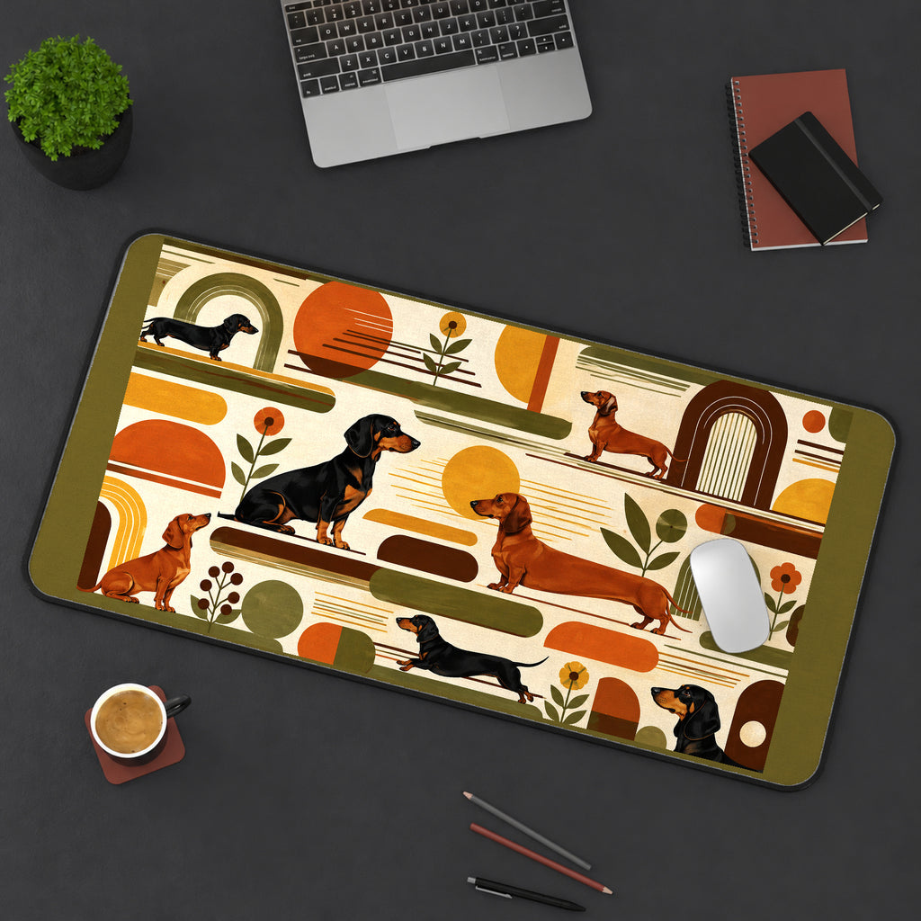 Retro Dachshund Color Blocks desk mat — product mockup 3