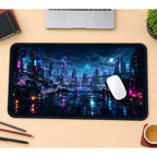 Rainy Neon Cyberpunk City desk mat — product mockup 1
