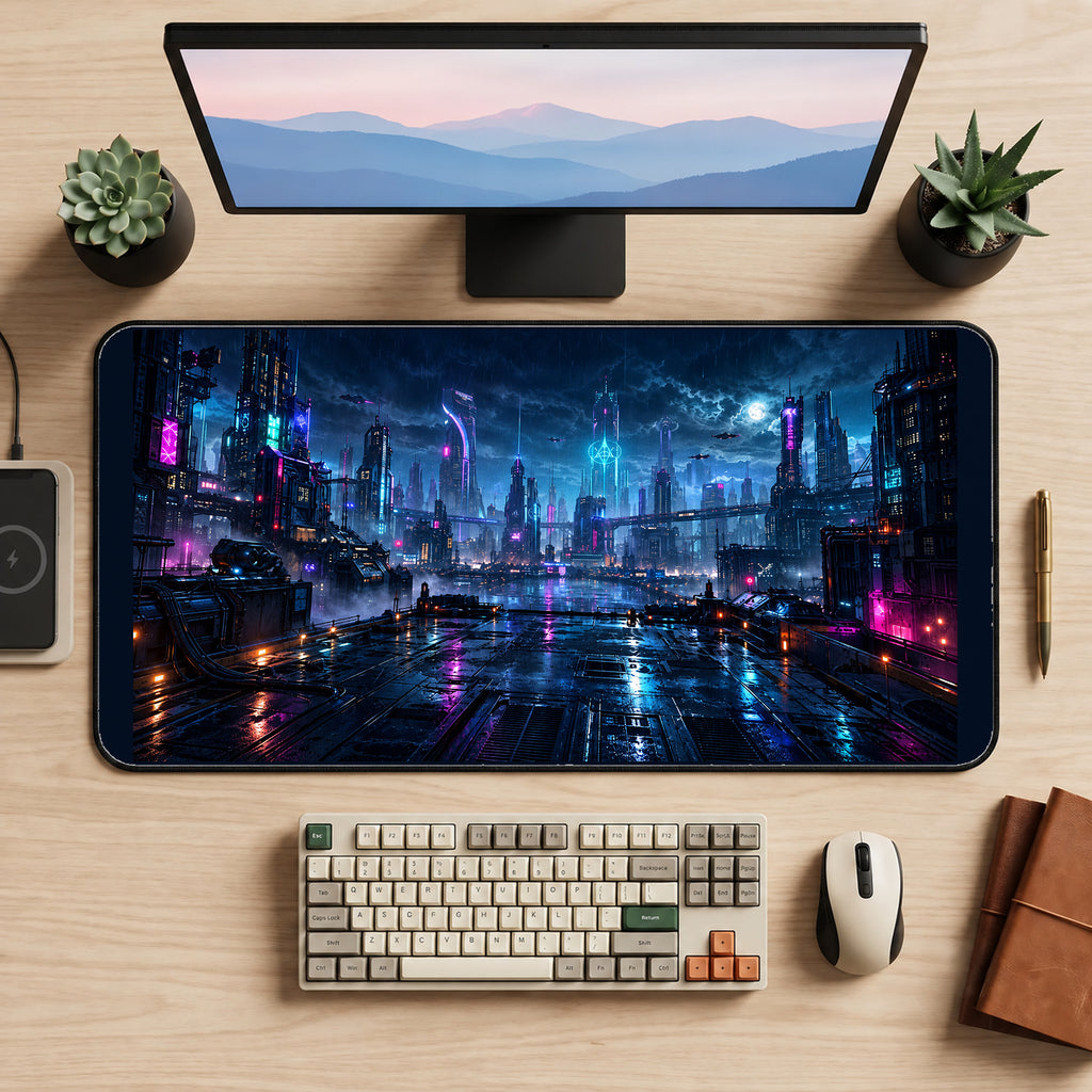 Rainy Neon Cyberpunk City desk mat — product mockup 2