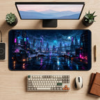Rainy Neon Cyberpunk City desk mat — product mockup 2